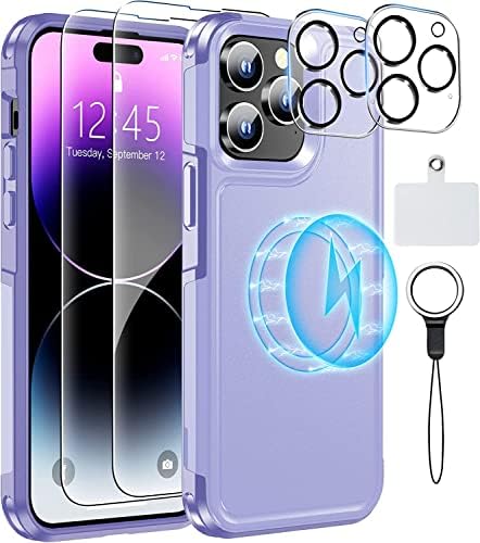 [6 ב 1] מקרה מגנטי לאייפון 14 פרו מקסימום מקרה, [12 רגל אטום הלם תואם ל- Magsafe] [2 PCS מגן מסך זכוכית+2 PCS מגן עדשות מצלמה] [כבד] iPhone 14 Pro Max 6.7 -Purple